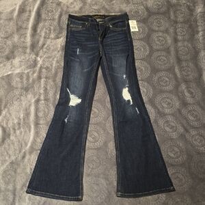 Dark Blue Distressed Flare Jeans